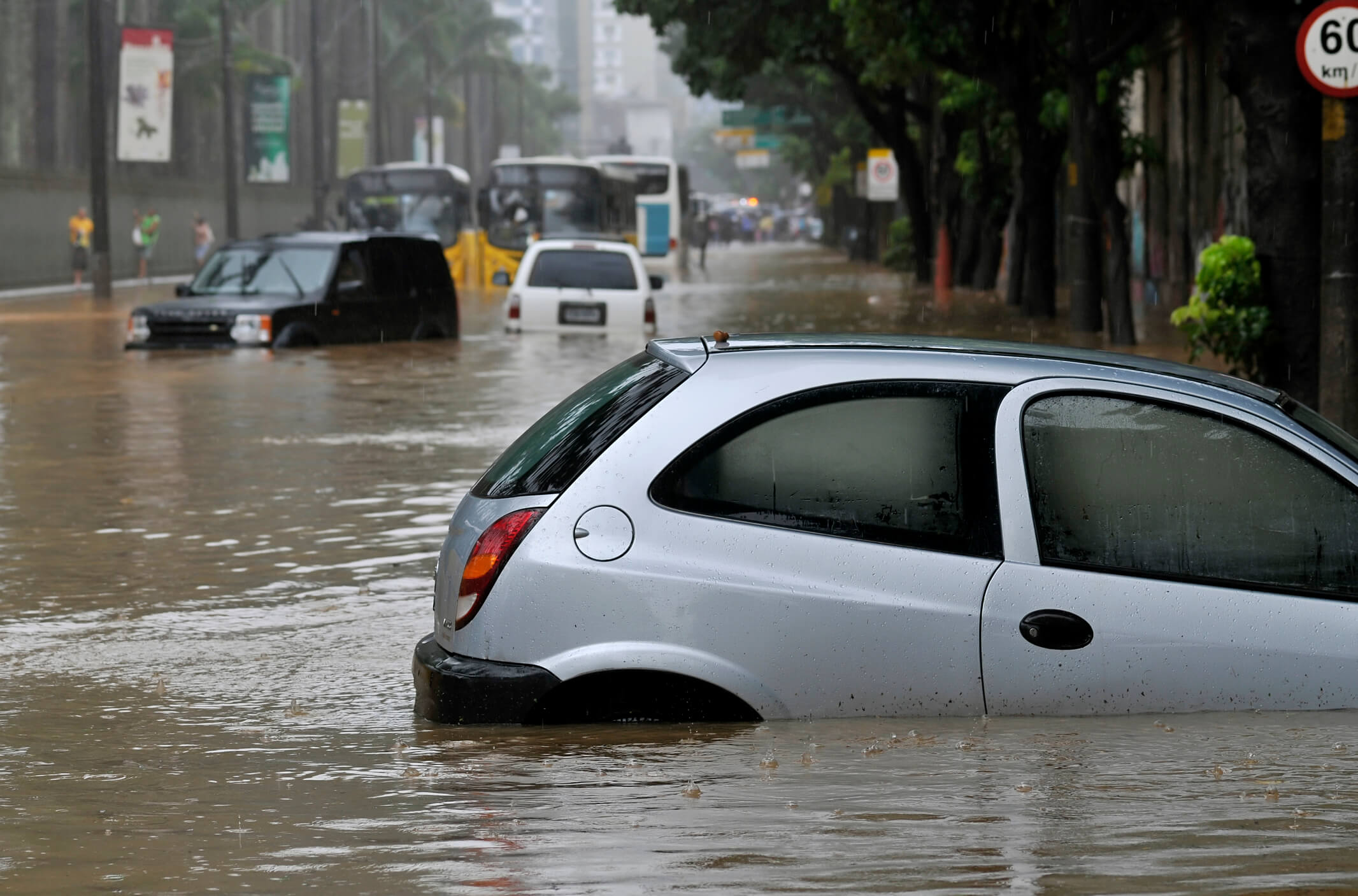 car submerged in flood