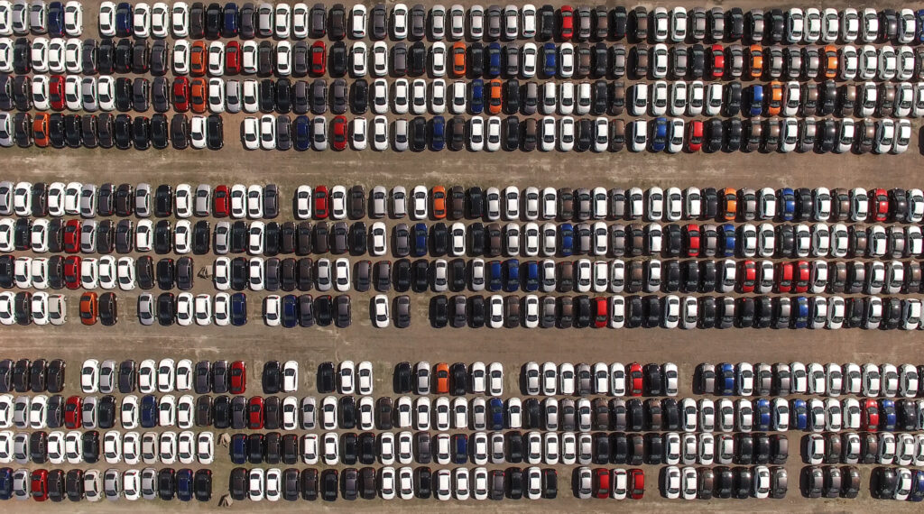 aerial view of cars in a lot