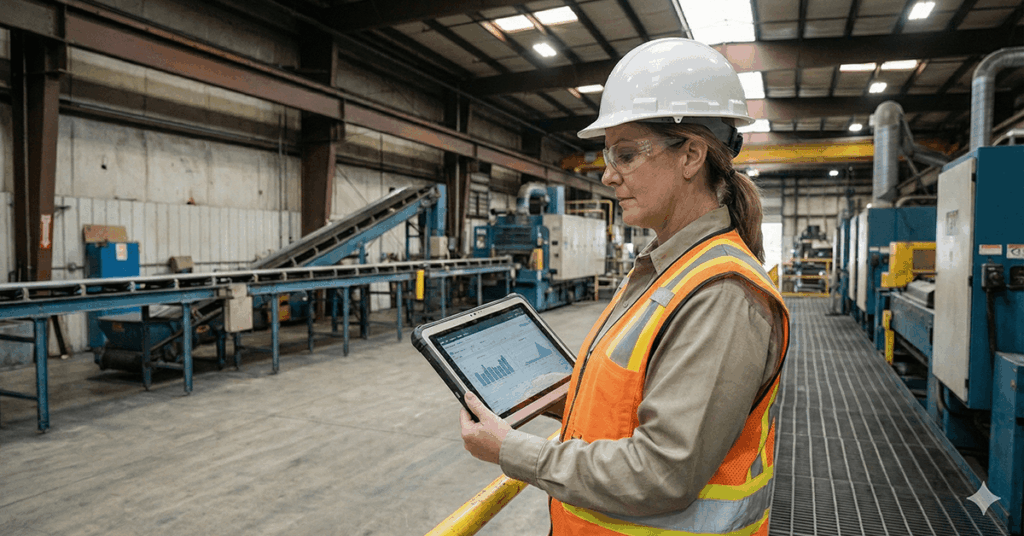 safety manager reviewing safety data on tablet